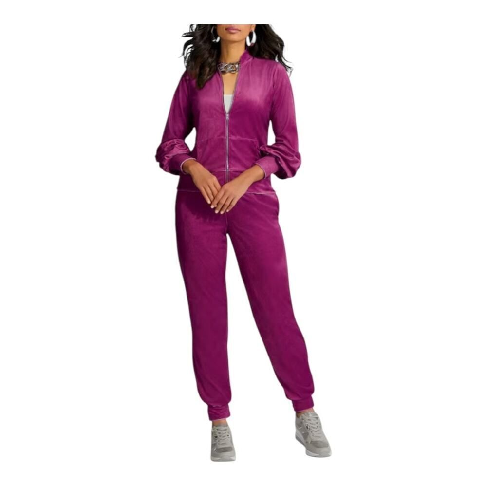 MIDNIGHT VELVET Velour Tracksuit Raspberry Pink Casual Active Jogger Pant Set